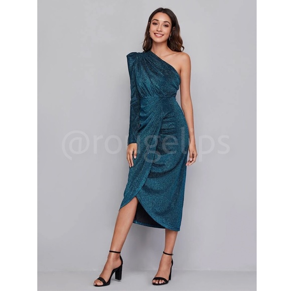Teal Blue Lurex Sparkly Asymmetrical Draped Midi Dress - Picture 3 of 8